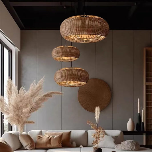 Rattan Handwoven Pendant Lights Adjustable Bamboo Wicker Hanging Lamp, Pendantt Light Fixture With Drum Basket Shade 1 Light Woven Pendant Light For Dining Room Living Room (Not Bulb Included)