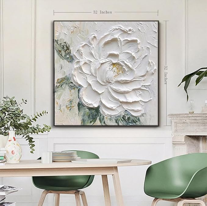 Hand Painted White Flower Oil Painting for Kitchen, Large 3D Floral Canvas Wall Art for Living Room, Framd Modern Wall Decor for Bedroom,Office Home Decor 32" x 32"