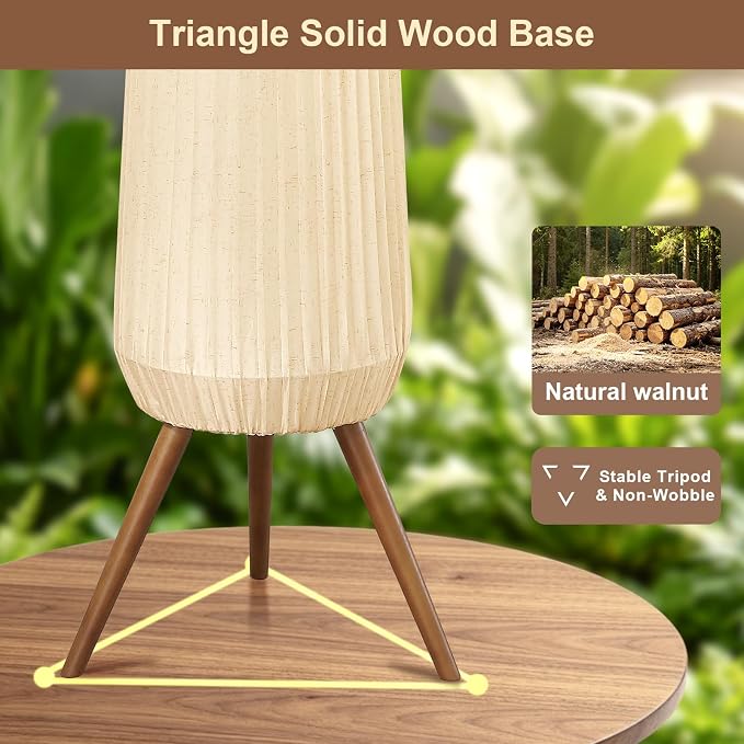 61'' Oatmeal Linen Pleated Floor Lamp, Walnut Wood Tripod Base | 3 Built-in Light Sockets Standing Lamp, Soft Ambient Lighting Boho Wabi-Sabi Style Lamp for Living Room Bedroom Home Decor