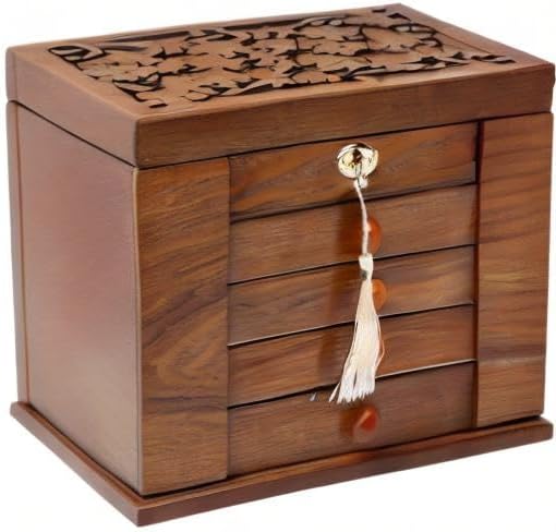 Wooden Jewelry Box for Women, Organizer Box of Solid Wood with Lock and Key for Jewelries, Watches, Necklace, Ring, Lockable Storage Case (Cherry)