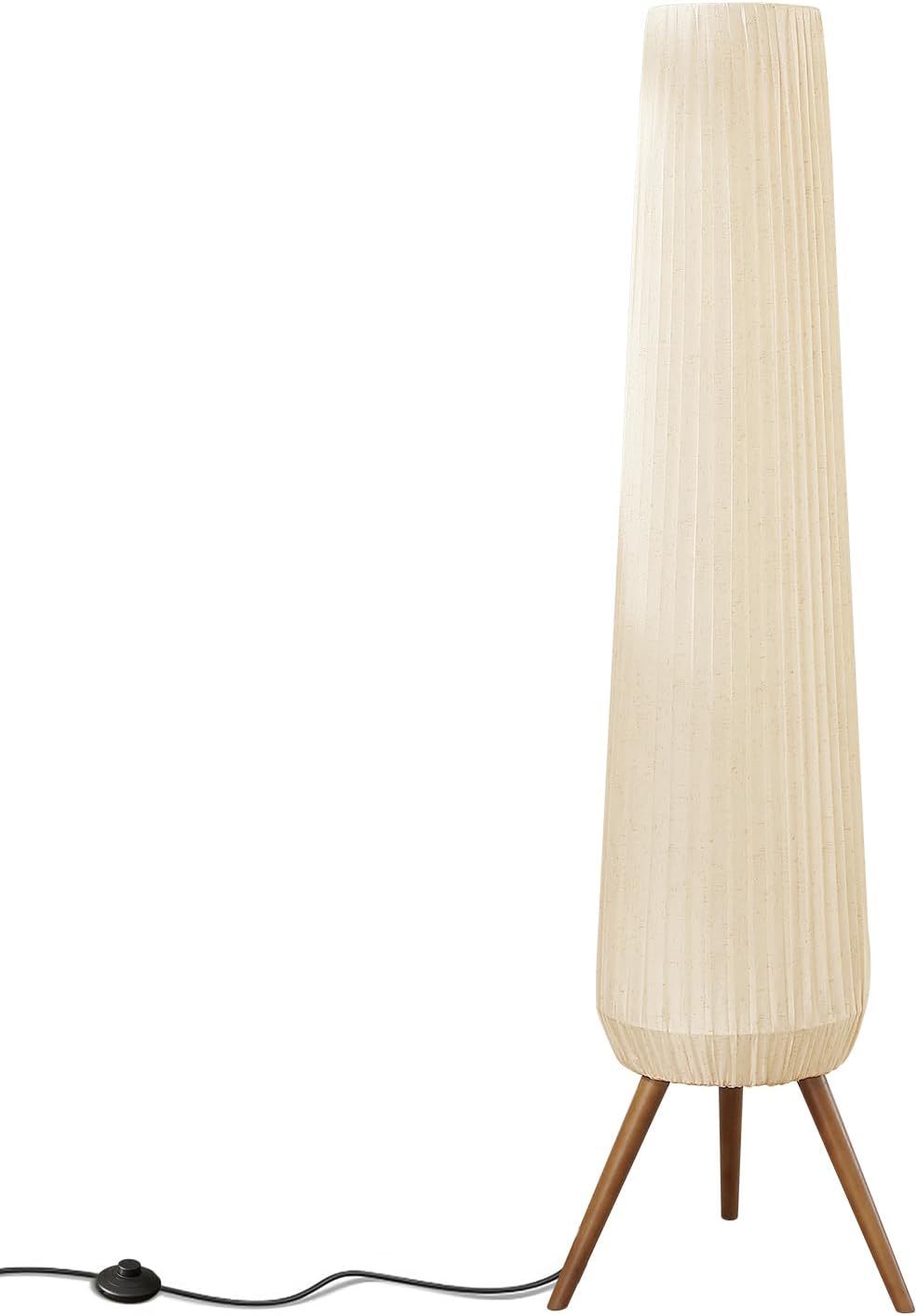 61'' Oatmeal Linen Pleated Floor Lamp, Walnut Wood Tripod Base | 3 Built-in Light Sockets Standing Lamp, Soft Ambient Lighting Boho Wabi-Sabi Style Lamp for Living Room Bedroom Home Decor