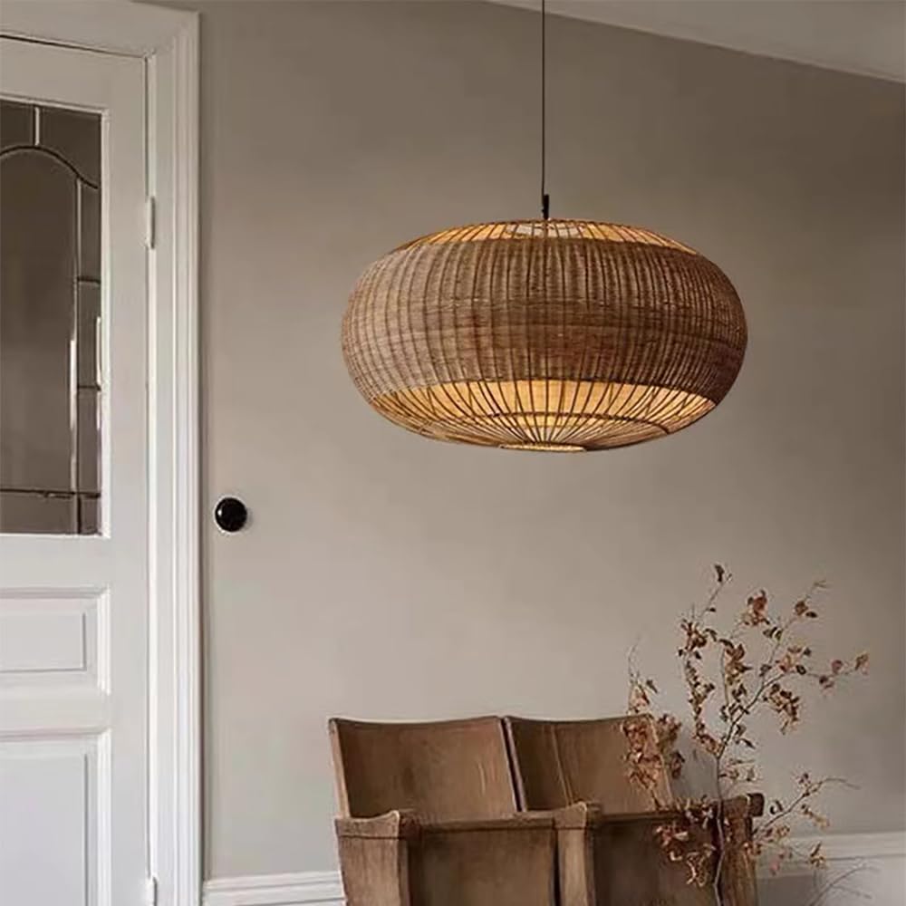 Rattan Handwoven Pendant Lights Adjustable Bamboo Wicker Hanging Lamp, Pendantt Light Fixture With Drum Basket Shade 1 Light Woven Pendant Light For Dining Room Living Room (Not Bulb Included)