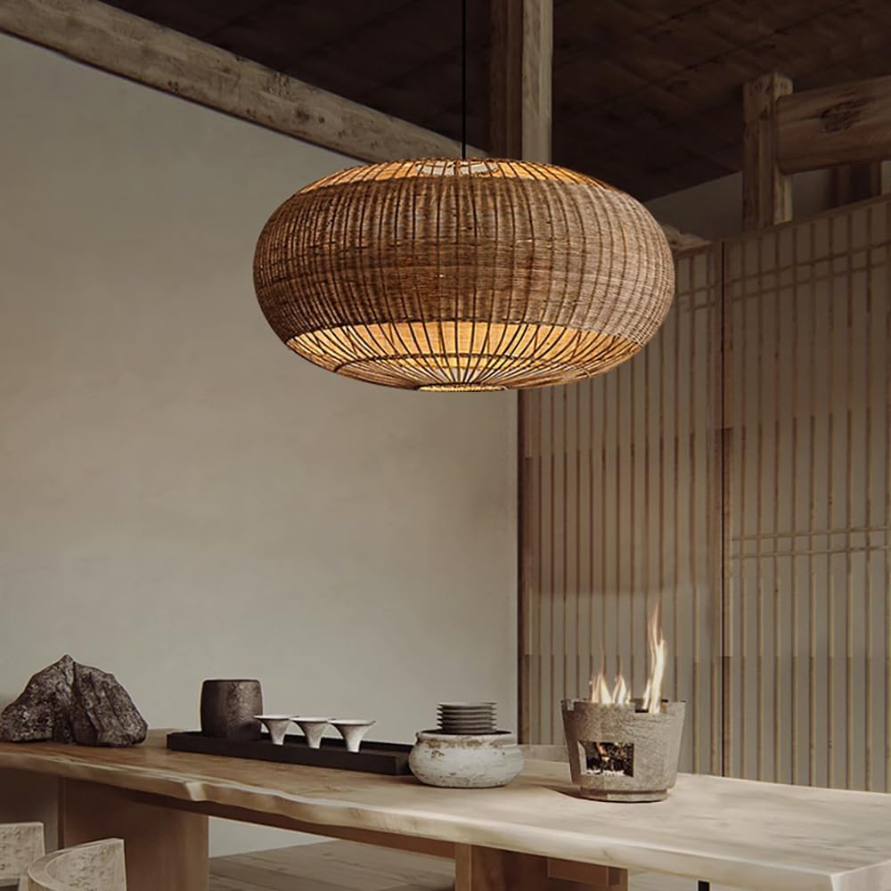 Rattan Handwoven Pendant Lights Adjustable Bamboo Wicker Hanging Lamp, Pendantt Light Fixture With Drum Basket Shade 1 Light Woven Pendant Light For Dining Room Living Room (Not Bulb Included)