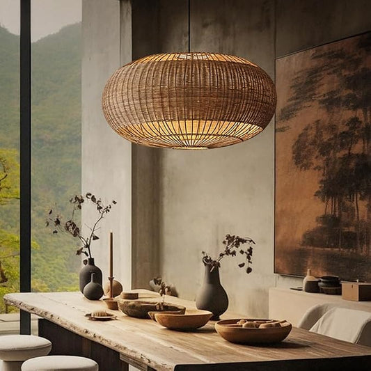 Rattan Handwoven Pendant Lights Adjustable Bamboo Wicker Hanging Lamp, Pendantt Light Fixture With Drum Basket Shade 1 Light Woven Pendant Light For Dining Room Living Room (Not Bulb Included)