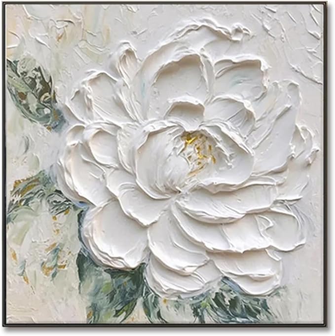 Hand Painted White Flower Oil Painting for Kitchen, Large 3D Floral Canvas Wall Art for Living Room, Framd Modern Wall Decor for Bedroom,Office Home Decor 32" x 32"