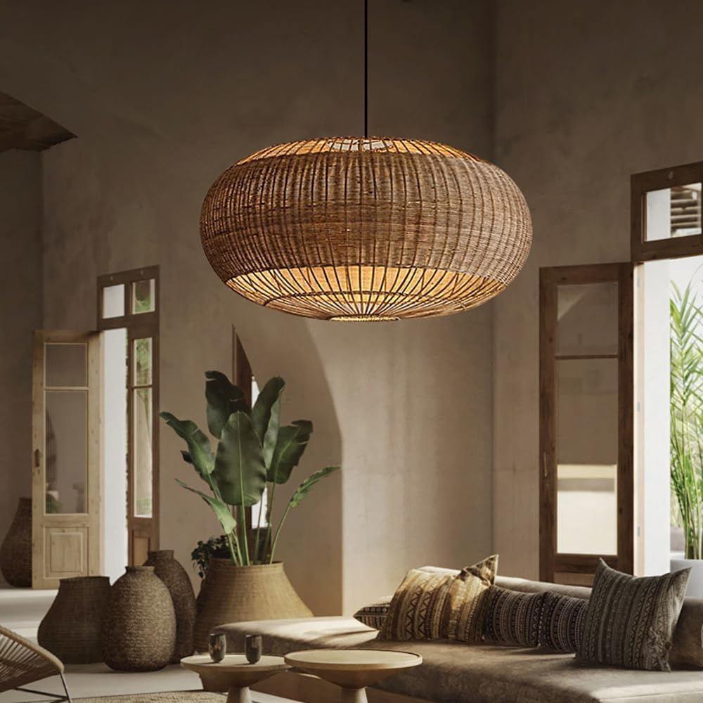 Rattan Handwoven Pendant Lights Adjustable Bamboo Wicker Hanging Lamp, Pendantt Light Fixture With Drum Basket Shade 1 Light Woven Pendant Light For Dining Room Living Room (Not Bulb Included)