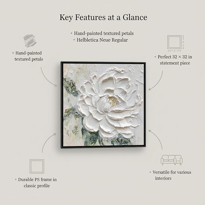 Hand Painted White Flower Oil Painting for Kitchen, Large 3D Floral Canvas Wall Art for Living Room, Framd Modern Wall Decor for Bedroom,Office Home Decor 32" x 32"