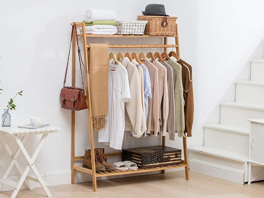 Bamboo Garment Coat Clothes Hanging Heavy Duty Rack with top Shelf and Shoe Clothing Storage Organizer Shelves
