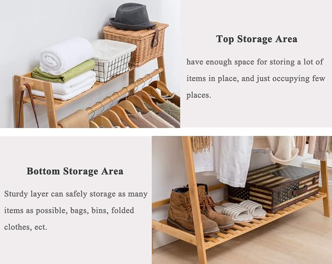 Bamboo Garment Coat Clothes Hanging Heavy Duty Rack with top Shelf and Shoe Clothing Storage Organizer Shelves
