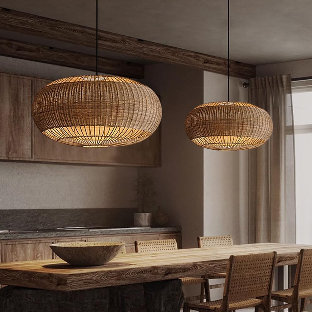 Rattan Handwoven Pendant Lights Adjustable Bamboo Wicker Hanging Lamp, Pendantt Light Fixture With Drum Basket Shade 1 Light Woven Pendant Light For Dining Room Living Room (Not Bulb Included)