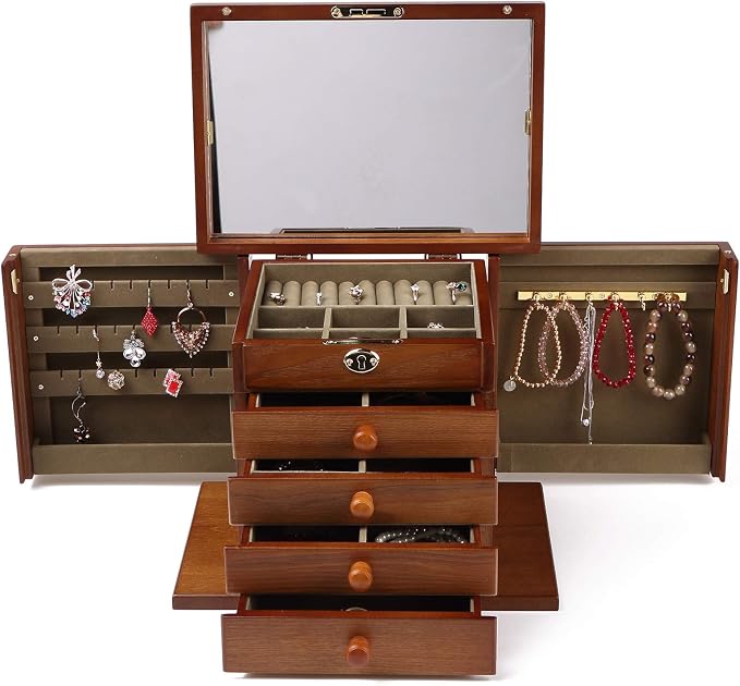 Wooden Jewelry Box for Women, Organizer Box of Solid Wood with Lock and Key for Jewelries, Watches, Necklace, Ring, Lockable Storage Case (Cherry)