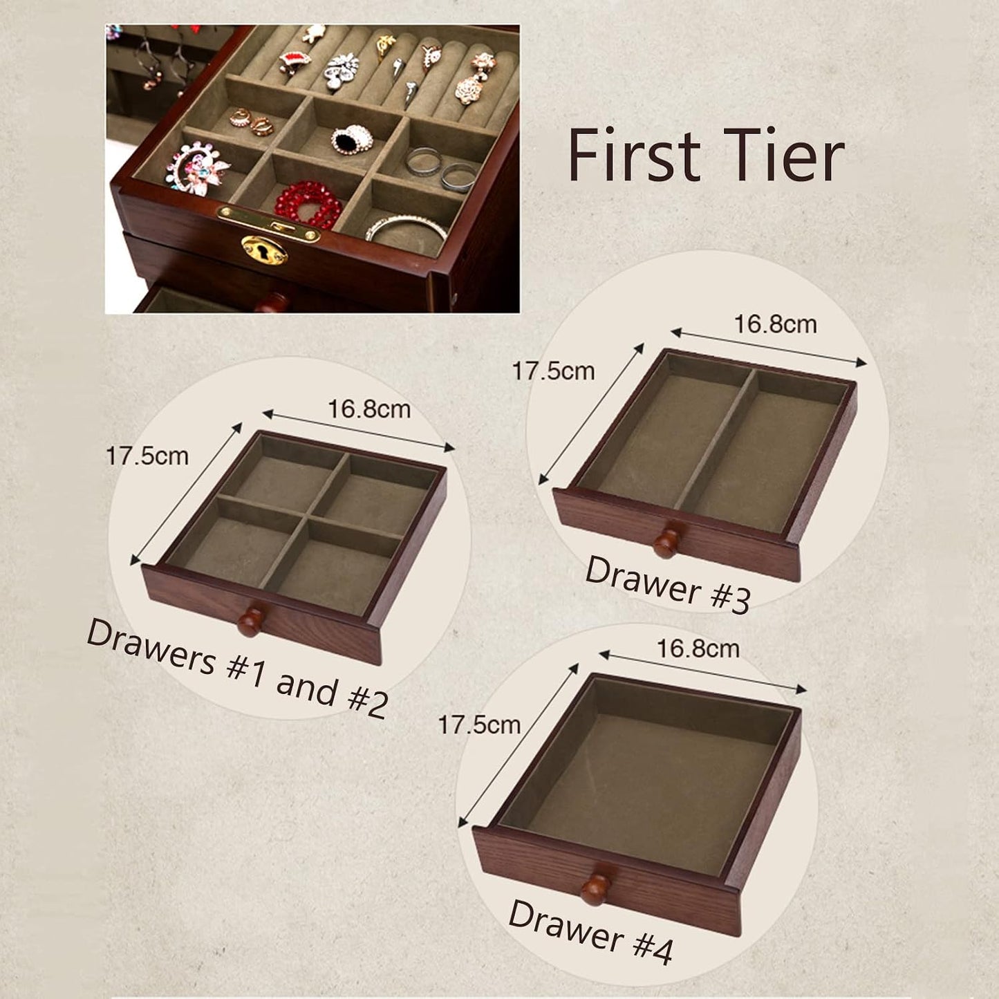 Wooden Jewelry Box for Women, Organizer Box of Solid Wood with Lock and Key for Jewelries, Watches, Necklace, Ring, Lockable Storage Case (Cherry)