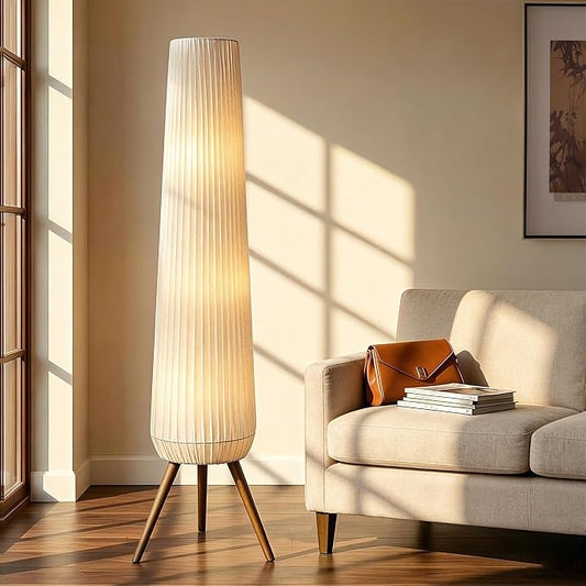 61'' Oatmeal Linen Pleated Floor Lamp, Walnut Wood Tripod Base | 3 Built-in Light Sockets Standing Lamp, Soft Ambient Lighting Boho Wabi-Sabi Style Lamp for Living Room Bedroom Home Decor