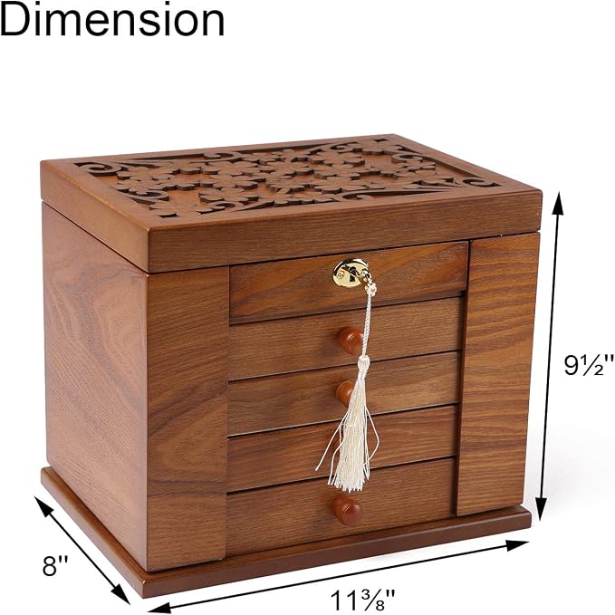 Wooden Jewelry Box for Women, Organizer Box of Solid Wood with Lock and Key for Jewelries, Watches, Necklace, Ring, Lockable Storage Case (Cherry)