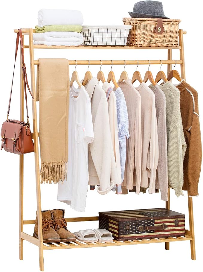 Bamboo Garment Coat Clothes Hanging Heavy Duty Rack with top Shelf and Shoe Clothing Storage Organizer Shelves