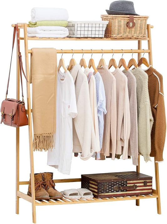 Bamboo Garment Coat Clothes Hanging Heavy Duty Rack with top Shelf and Shoe Clothing Storage Organizer Shelves