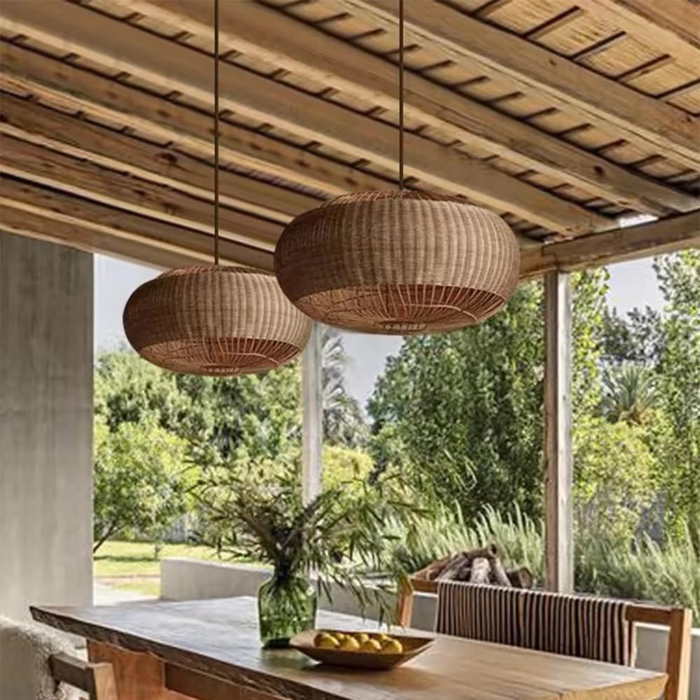 Rattan Handwoven Pendant Lights Adjustable Bamboo Wicker Hanging Lamp, Pendantt Light Fixture With Drum Basket Shade 1 Light Woven Pendant Light For Dining Room Living Room (Not Bulb Included)