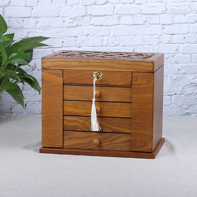 Wooden Jewelry Box for Women, Organizer Box of Solid Wood with Lock and Key for Jewelries, Watches, Necklace, Ring, Lockable Storage Case (Cherry)