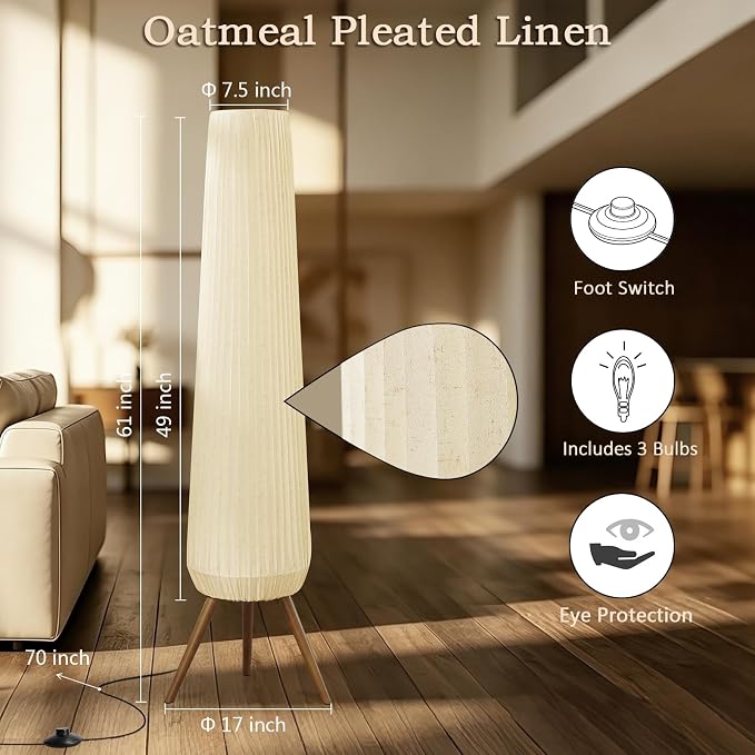 61'' Oatmeal Linen Pleated Floor Lamp, Walnut Wood Tripod Base | 3 Built-in Light Sockets Standing Lamp, Soft Ambient Lighting Boho Wabi-Sabi Style Lamp for Living Room Bedroom Home Decor