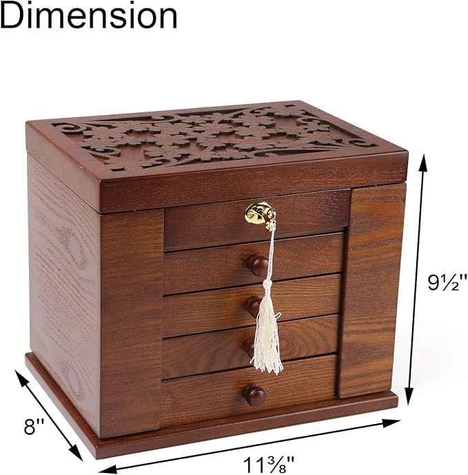 Wooden Jewelry Box for Women, Organizer Box of Solid Wood with Lock and Key for Jewelries, Watches, Necklace, Ring, Lockable Storage Case (Cherry)