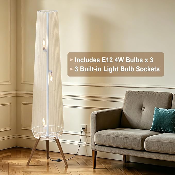 61'' Oatmeal Linen Pleated Floor Lamp, Walnut Wood Tripod Base | 3 Built-in Light Sockets Standing Lamp, Soft Ambient Lighting Boho Wabi-Sabi Style Lamp for Living Room Bedroom Home Decor