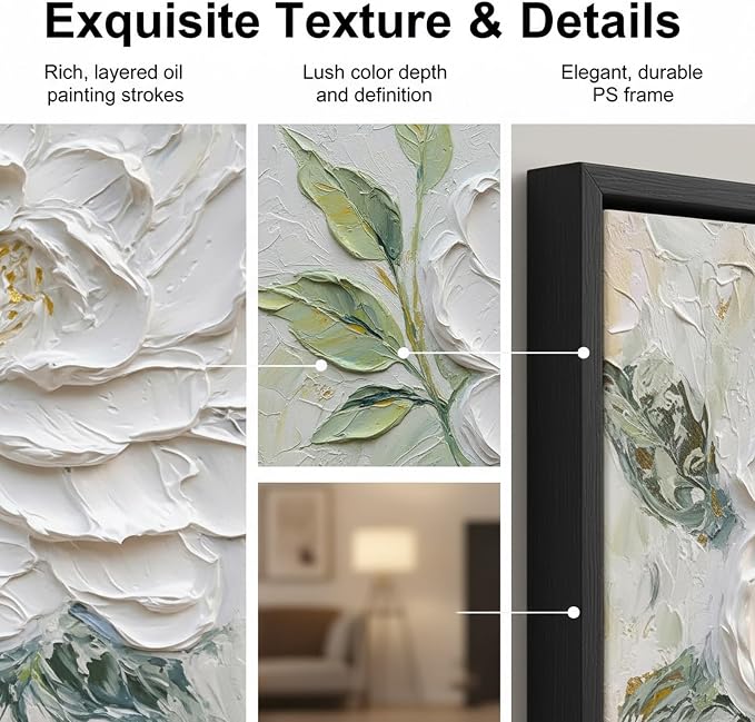 Hand Painted White Flower Oil Painting for Kitchen, Large 3D Floral Canvas Wall Art for Living Room, Framd Modern Wall Decor for Bedroom,Office Home Decor 32" x 32"