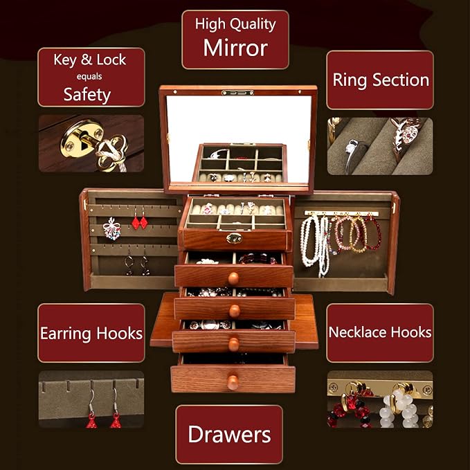 Wooden Jewelry Box for Women, Organizer Box of Solid Wood with Lock and Key for Jewelries, Watches, Necklace, Ring, Lockable Storage Case (Cherry)