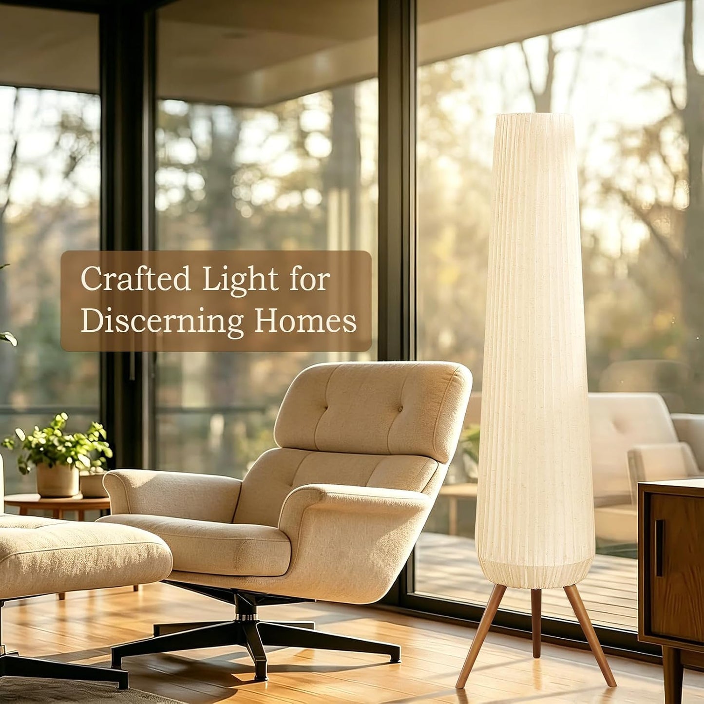 61'' Oatmeal Linen Pleated Floor Lamp, Walnut Wood Tripod Base | 3 Built-in Light Sockets Standing Lamp, Soft Ambient Lighting Boho Wabi-Sabi Style Lamp for Living Room Bedroom Home Decor