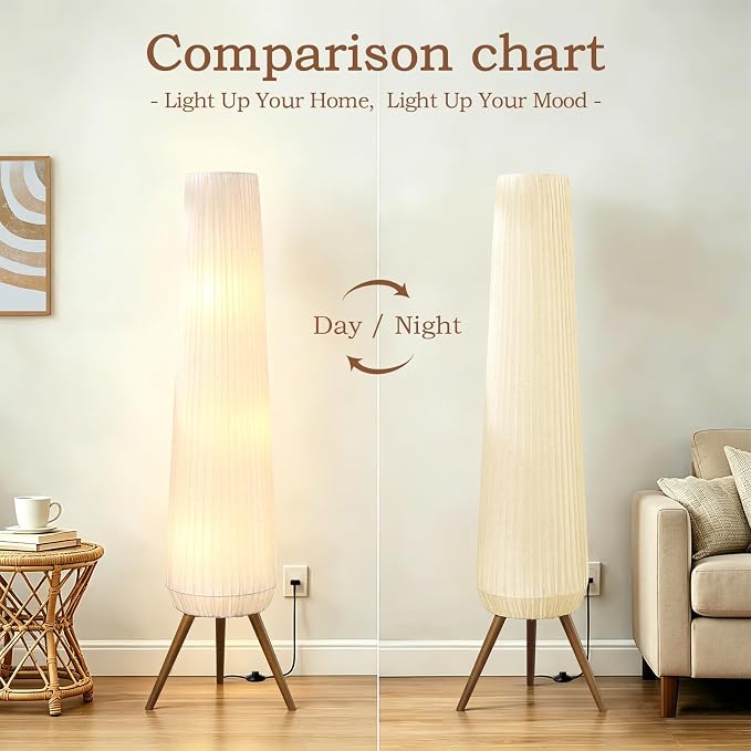 61'' Oatmeal Linen Pleated Floor Lamp, Walnut Wood Tripod Base | 3 Built-in Light Sockets Standing Lamp, Soft Ambient Lighting Boho Wabi-Sabi Style Lamp for Living Room Bedroom Home Decor