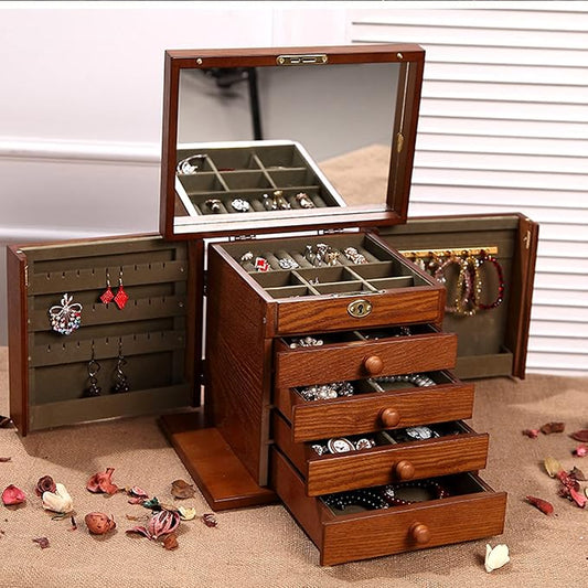 Wooden Jewelry Box for Women, Organizer Box of Solid Wood with Lock and Key for Jewelries, Watches, Necklace, Ring, Lockable Storage Case (Cherry)