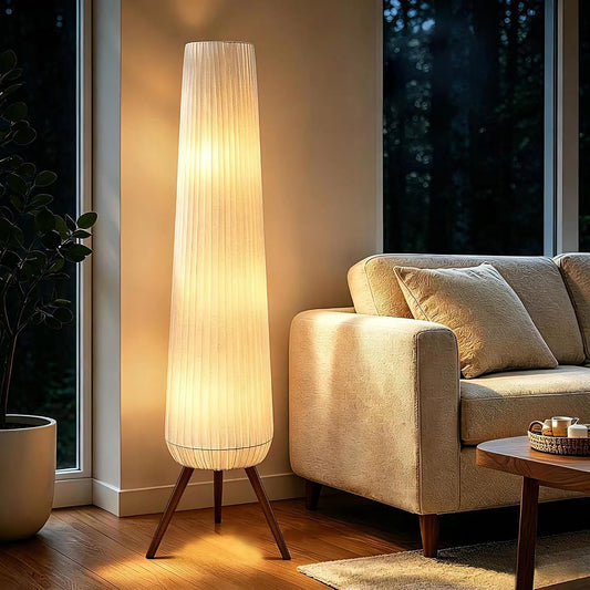 61'' Oatmeal Linen Pleated Floor Lamp, Walnut Wood Tripod Base | 3 Built-in Light Sockets Standing Lamp, Soft Ambient Lighting Boho Wabi-Sabi Style Lamp for Living Room Bedroom Home Decor