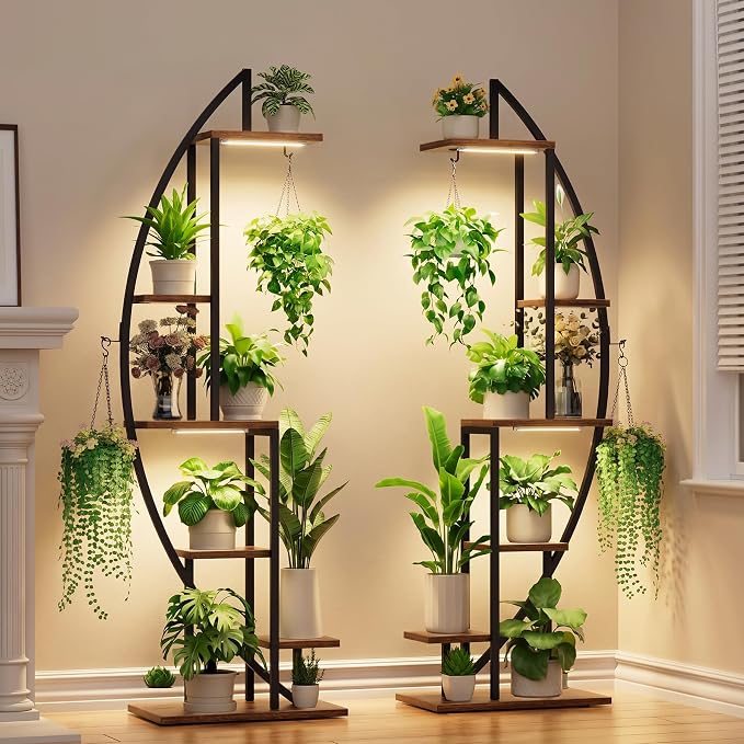 Plant Stand with Grow Light, 2 Pack Tall Indoor Plant Shelf 6 Tier | 63" Lighted Plant Stand with Large Capacity for Indoor Plants Multiple, Metal Plant Display Holder Rack for Living Room Patio